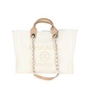 Chanel Natural Canvas and Tan Leather Large Pearl Deauville Tote